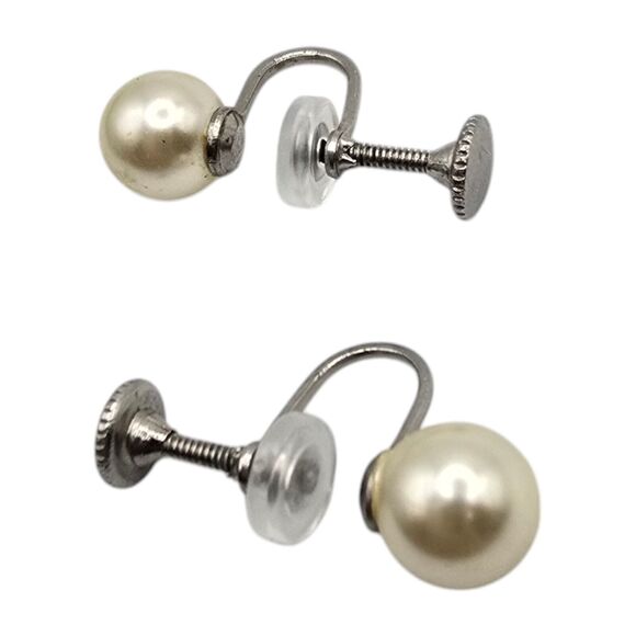 Vintage Screw Back Earrings Cream Faux Pearl Beads Silver Tone Classic Style - Picture 7 of 10